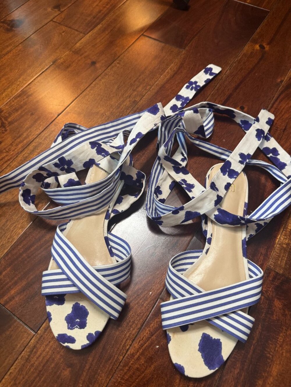 CAbi Tied Up Blue White Watercolor Floral Striped Strappy Sandal Women's 8US